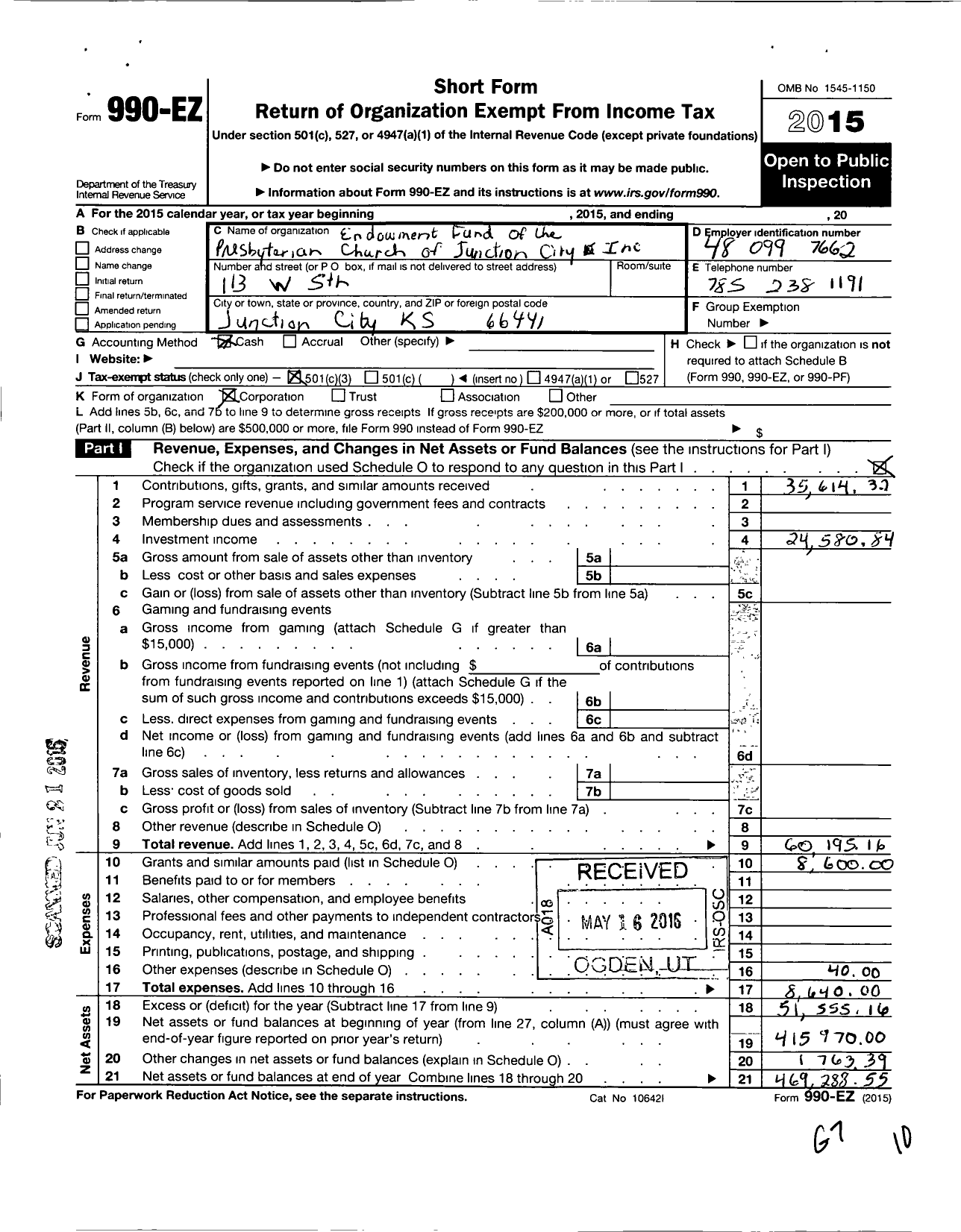 Image of first page of 2015 Form 990EZ for Endowment Fund of the Presbyterian Church of Junction City