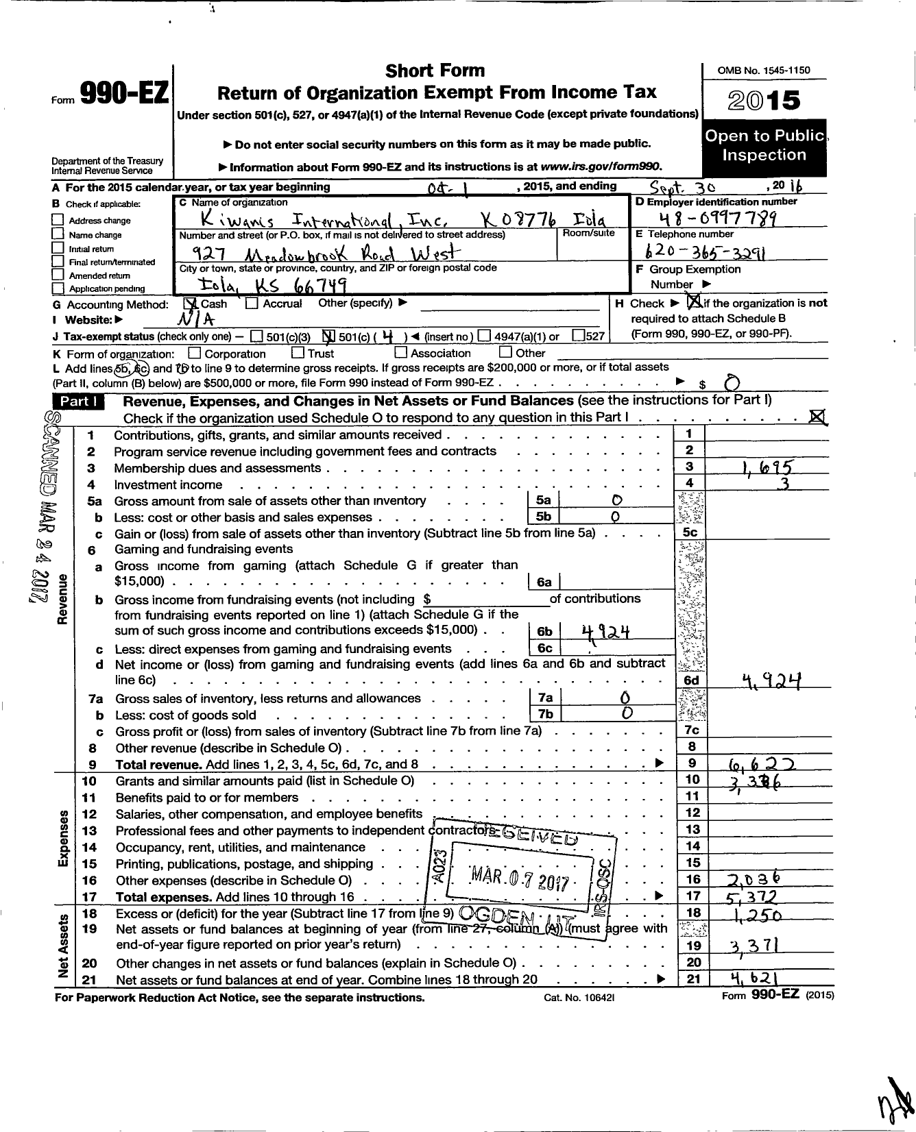 Image of first page of 2015 Form 990EO for Kiwanis International - K08776 Iola