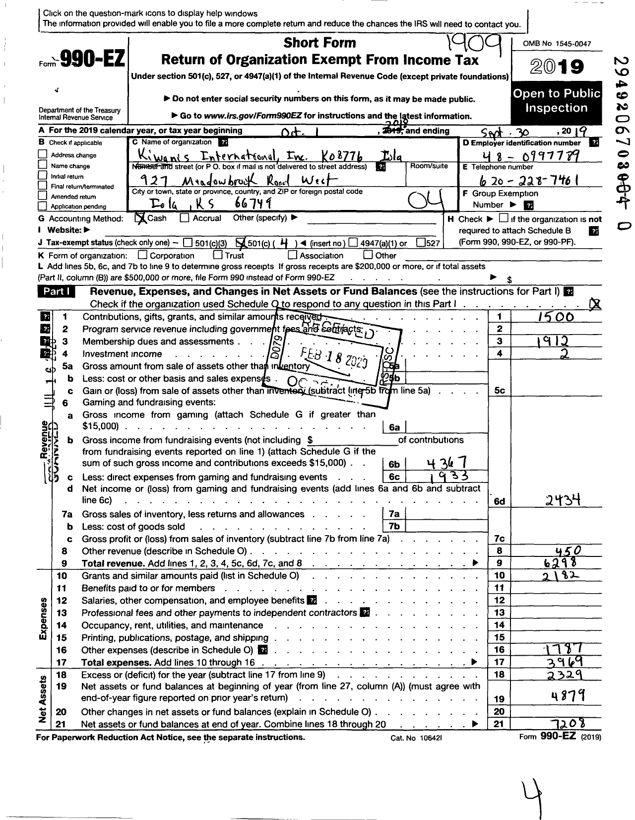 Image of first page of 2018 Form 990EO for Kiwanis International - K08776 Iola