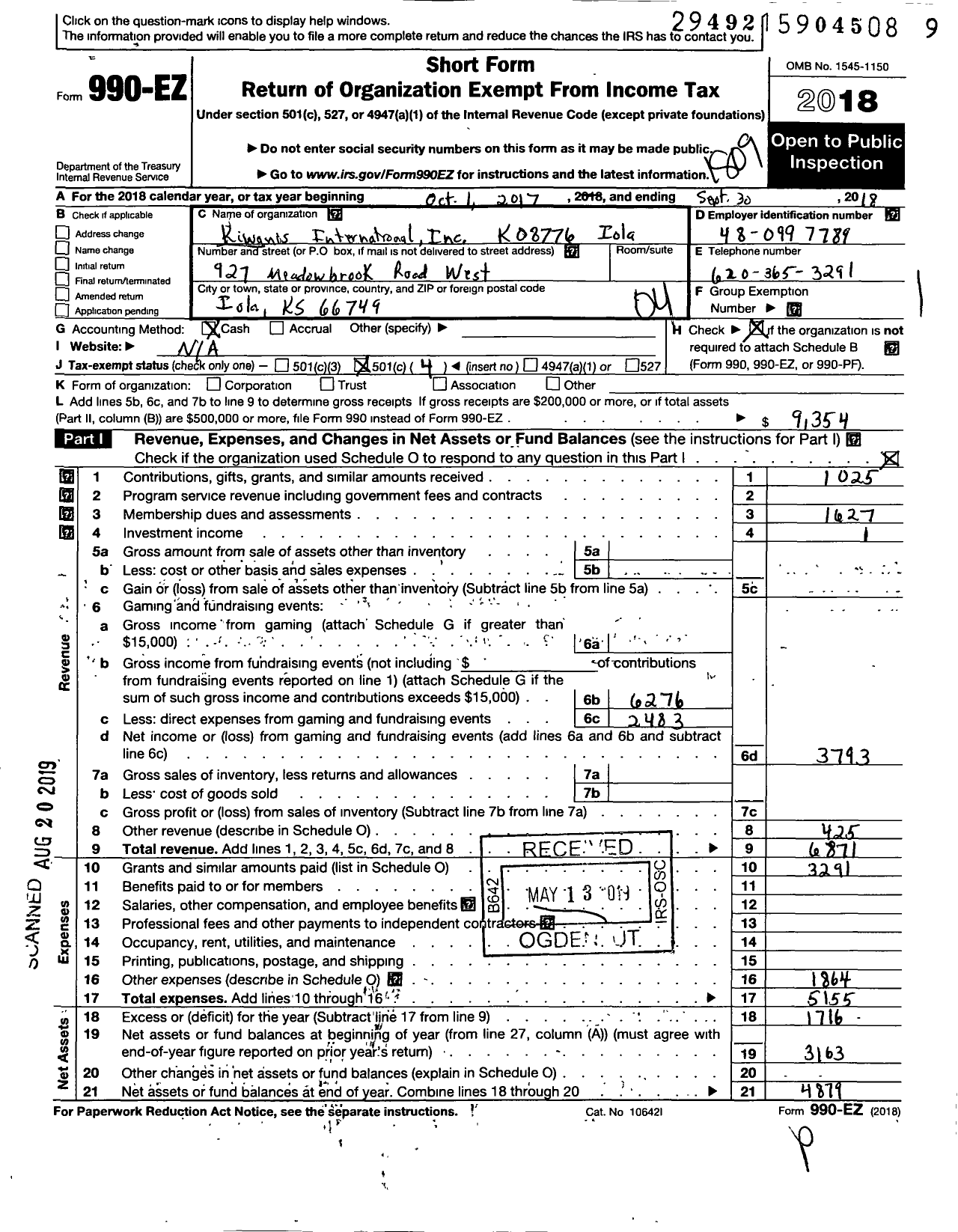 Image of first page of 2017 Form 990EO for Kiwanis International - K08776 Iola