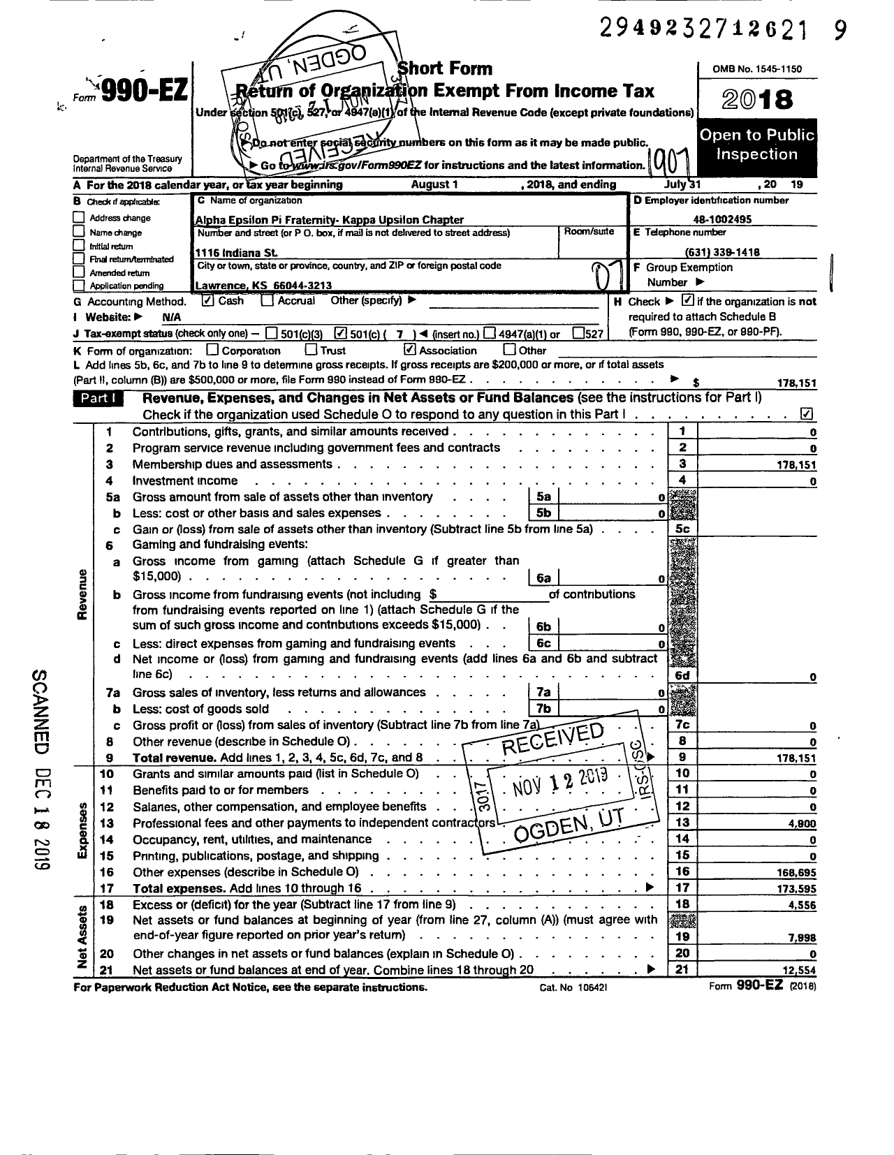 Image of first page of 2018 Form 990EO for Alpha Epsilon Pi Fraternity / Kappa Upsilon Chapter