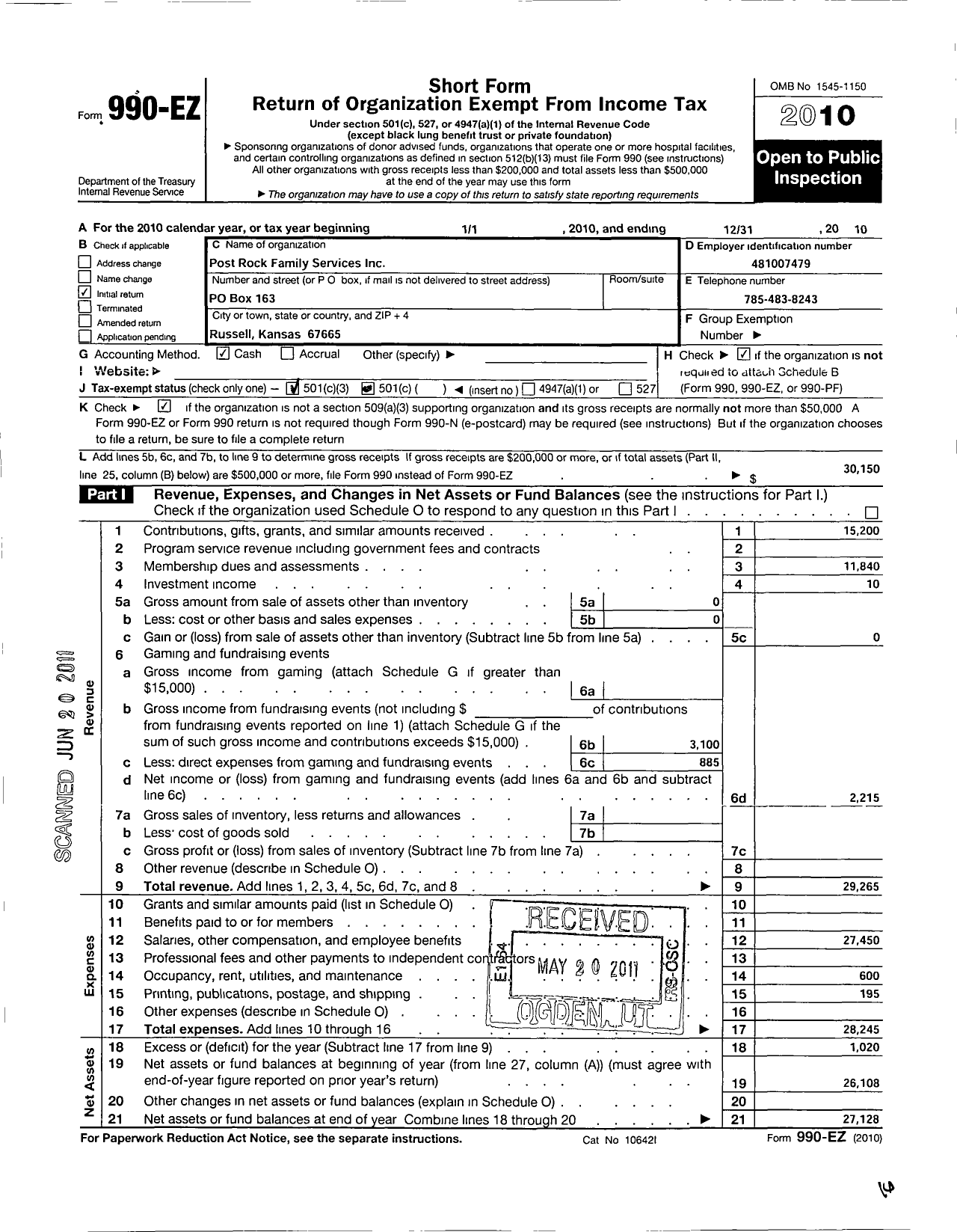 Image of first page of 2010 Form 990EZ for Post Rock Family Services