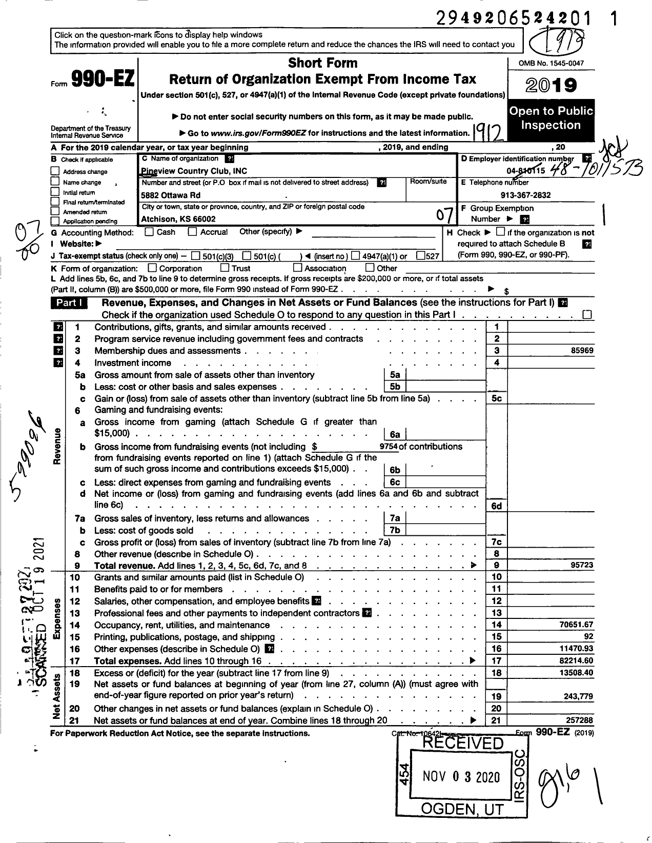 Image of first page of 2019 Form 990EO for Pineview Country Club