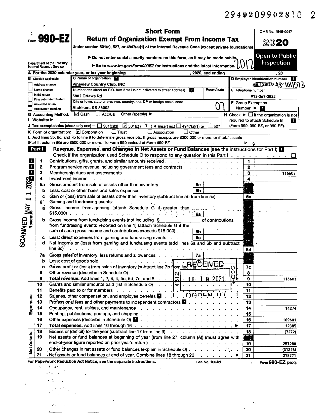 Image of first page of 2020 Form 990EO for Pineview Country Club