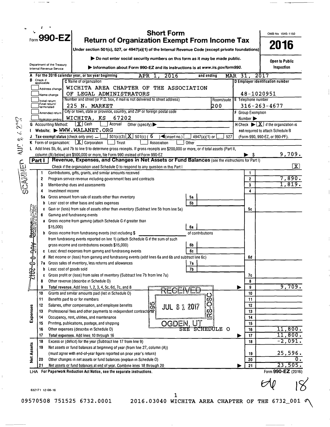 Image of first page of 2016 Form 990EO for Wichita Area Chapter of the Association of Legal Administrators