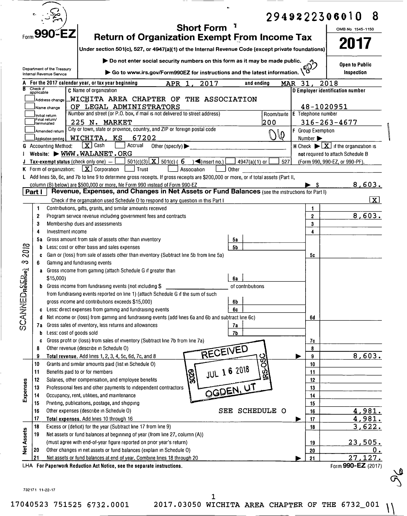 Image of first page of 2017 Form 990EO for Wichita Area Chapter of the Association of Legal Administrators