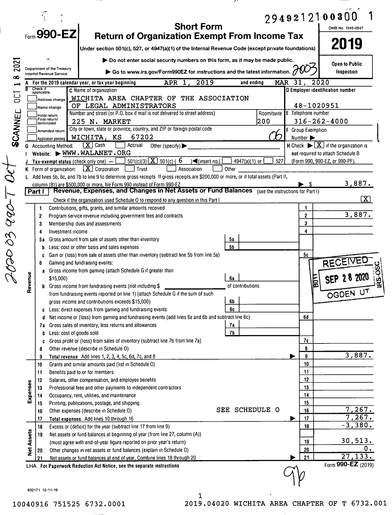 Image of first page of 2019 Form 990EO for Wichita Area Chapter of the Association of Legal Administrators