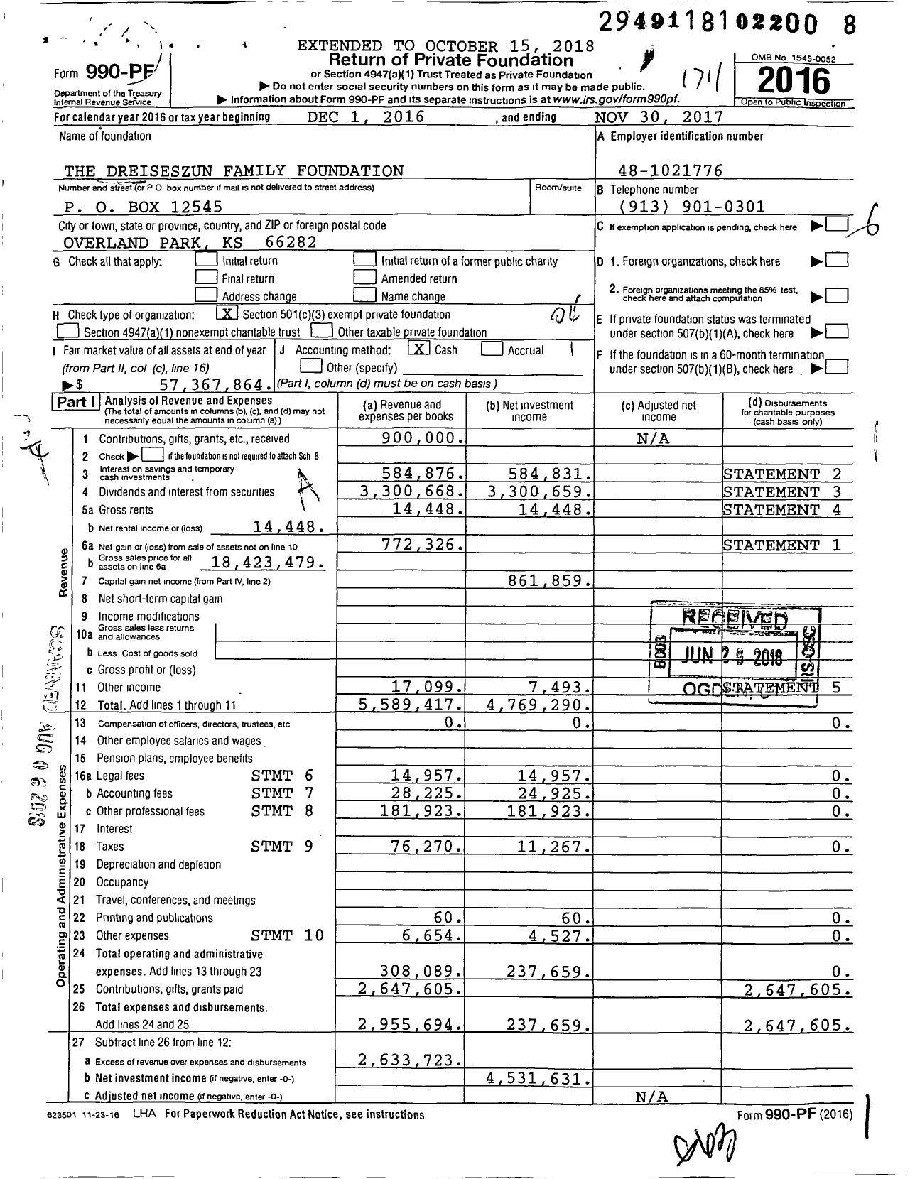 Image of first page of 2016 Form 990PF for Dreiseszun Family Foundation