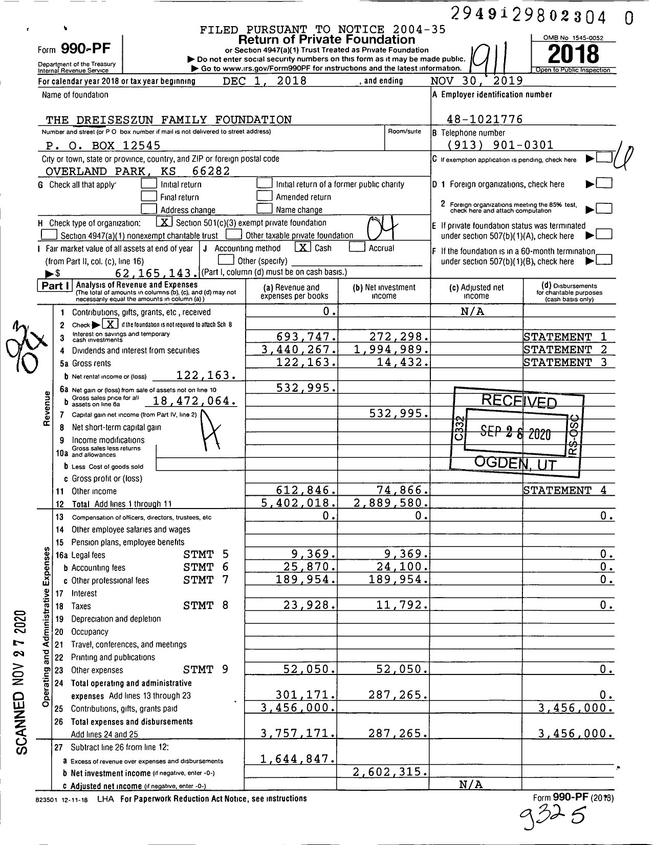 Image of first page of 2018 Form 990PF for Dreiseszun Family Foundation