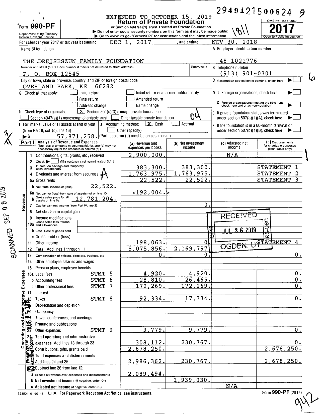 Image of first page of 2017 Form 990PF for Dreiseszun Family Foundation