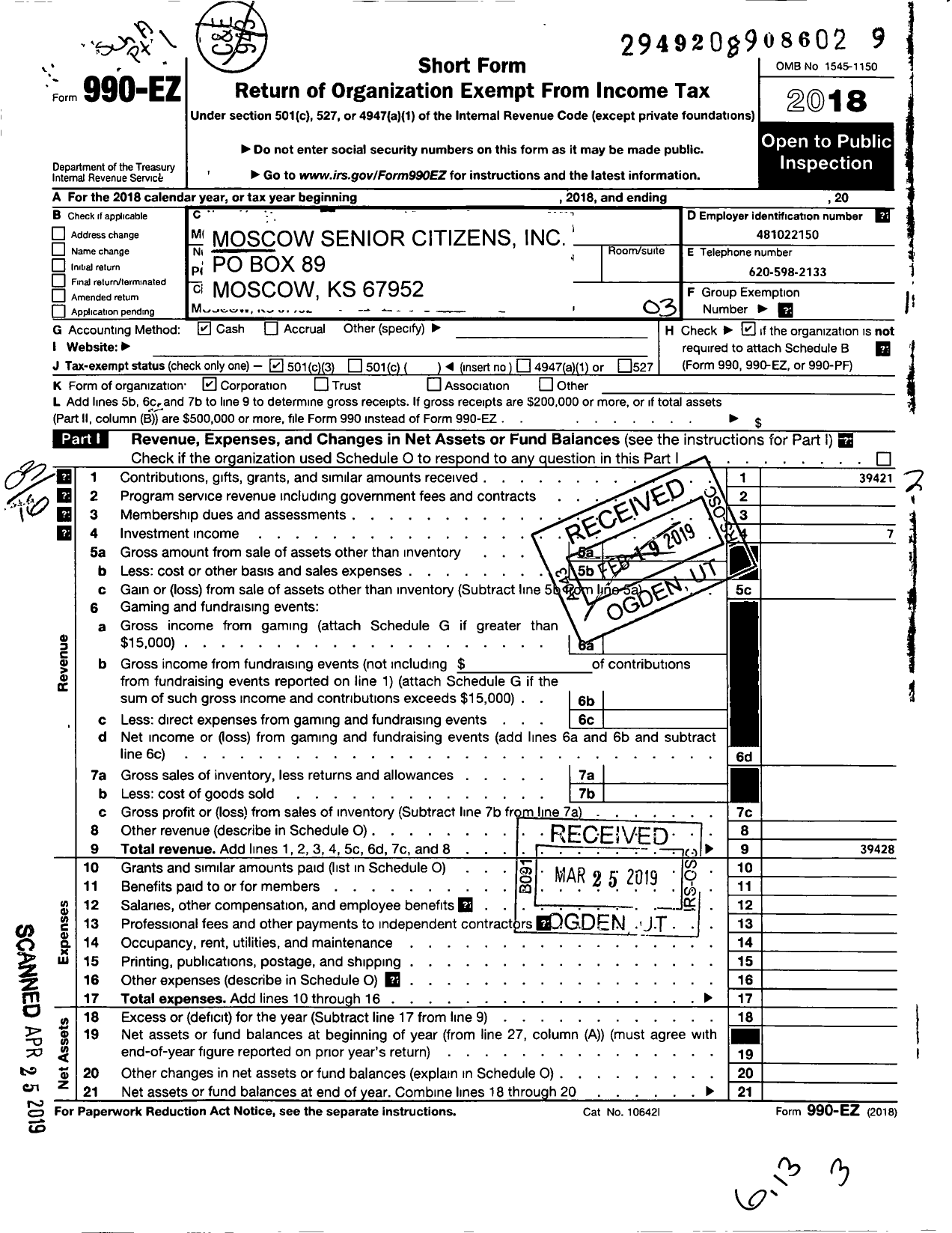 Image of first page of 2018 Form 990EZ for Moscow Senior Citizens