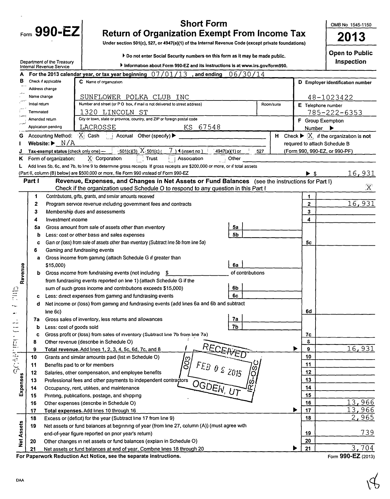 Image of first page of 2013 Form 990EO for Sunflower Polka Club