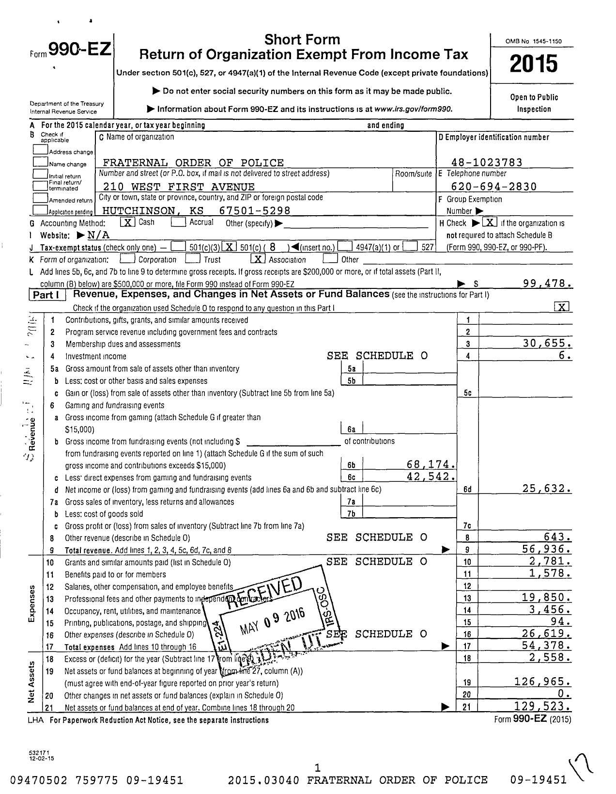 Image of first page of 2015 Form 990EO for Fraternal Order of Police - 7 Hutchinson Lodge