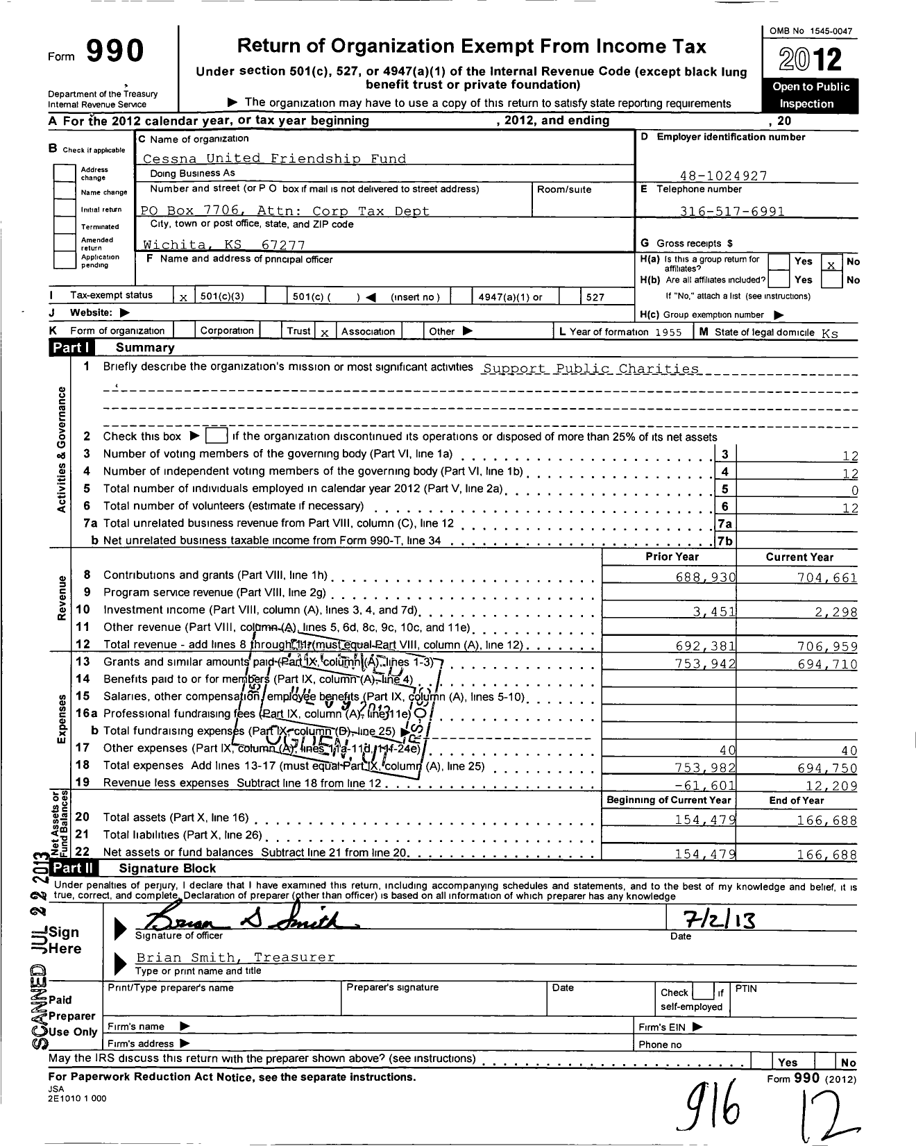 Image of first page of 2012 Form 990 for Cessna United Friendship Fund