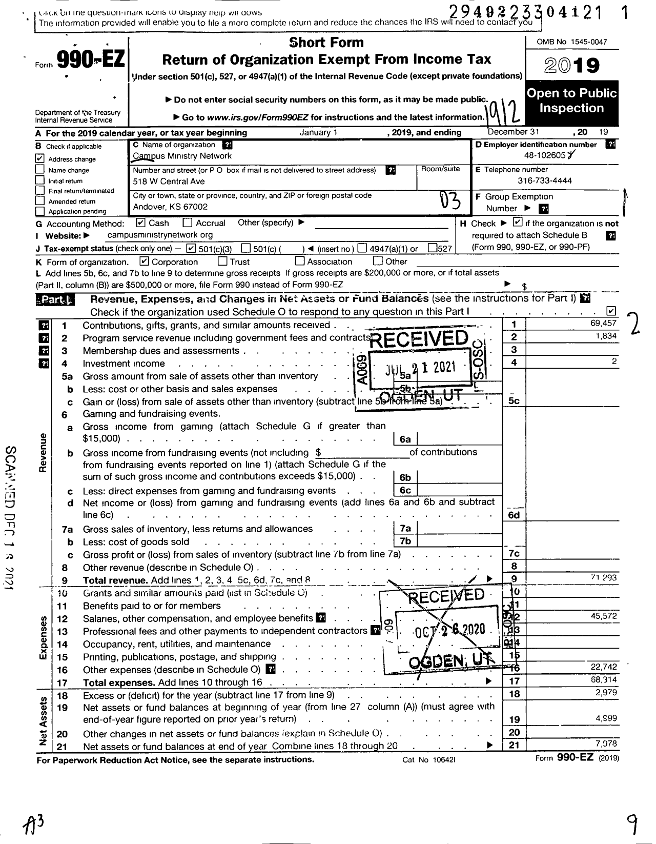 Image of first page of 2019 Form 990EZ for Campus Ministry Network