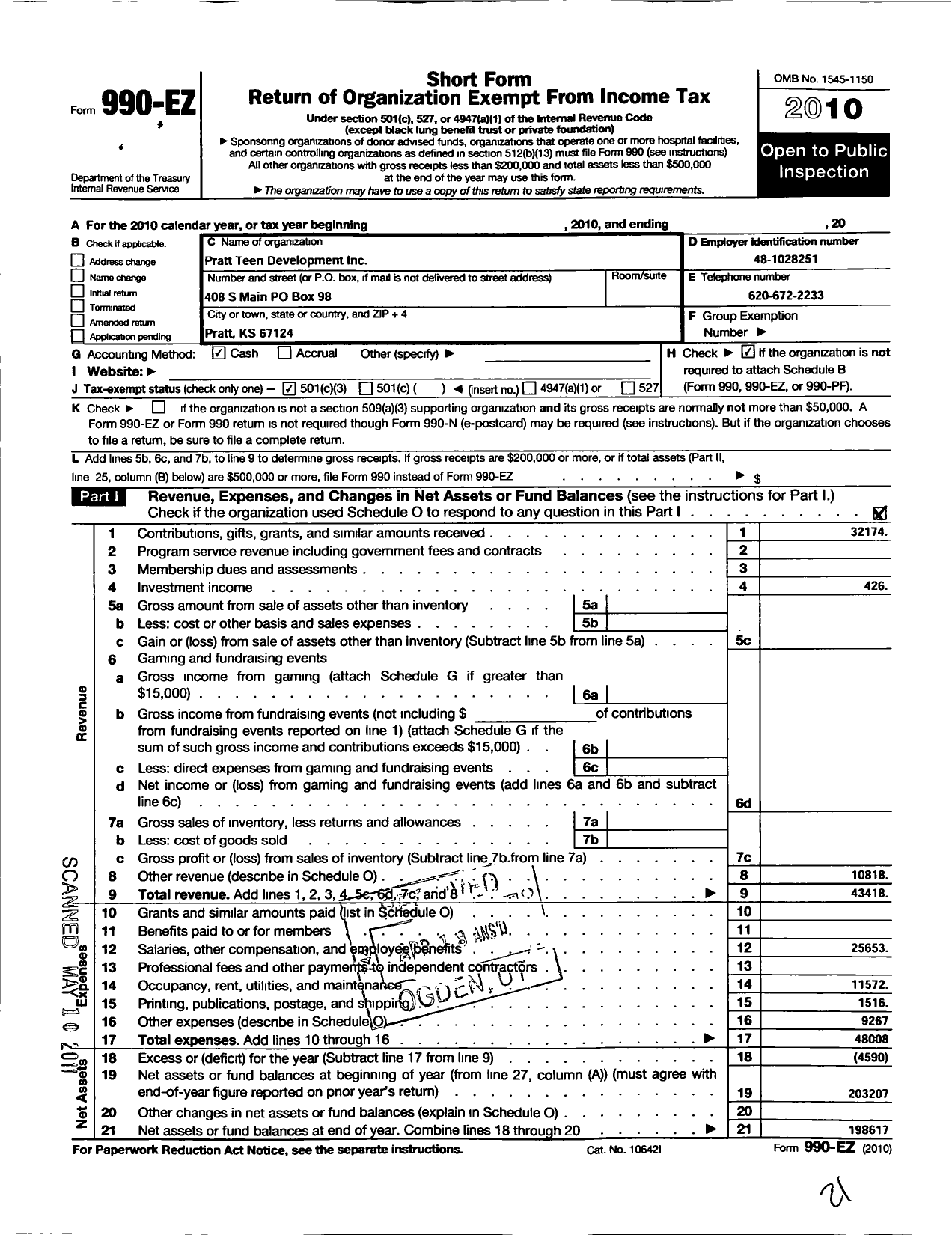 Image of first page of 2010 Form 990EZ for Pratt Teen Development