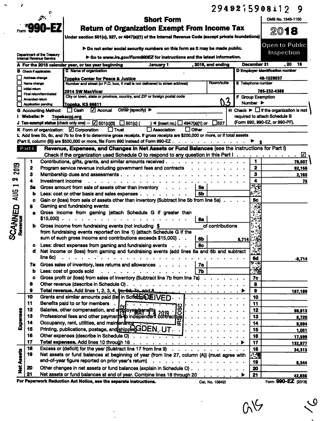 Image of first page of 2018 Form 990EZ for Topeka Center for Peace and Juctice