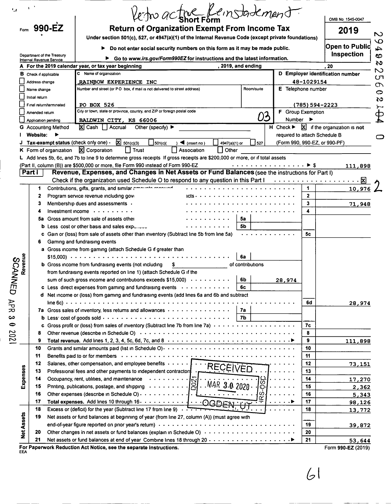 Image of first page of 2019 Form 990EZ for The Rainbow Experience