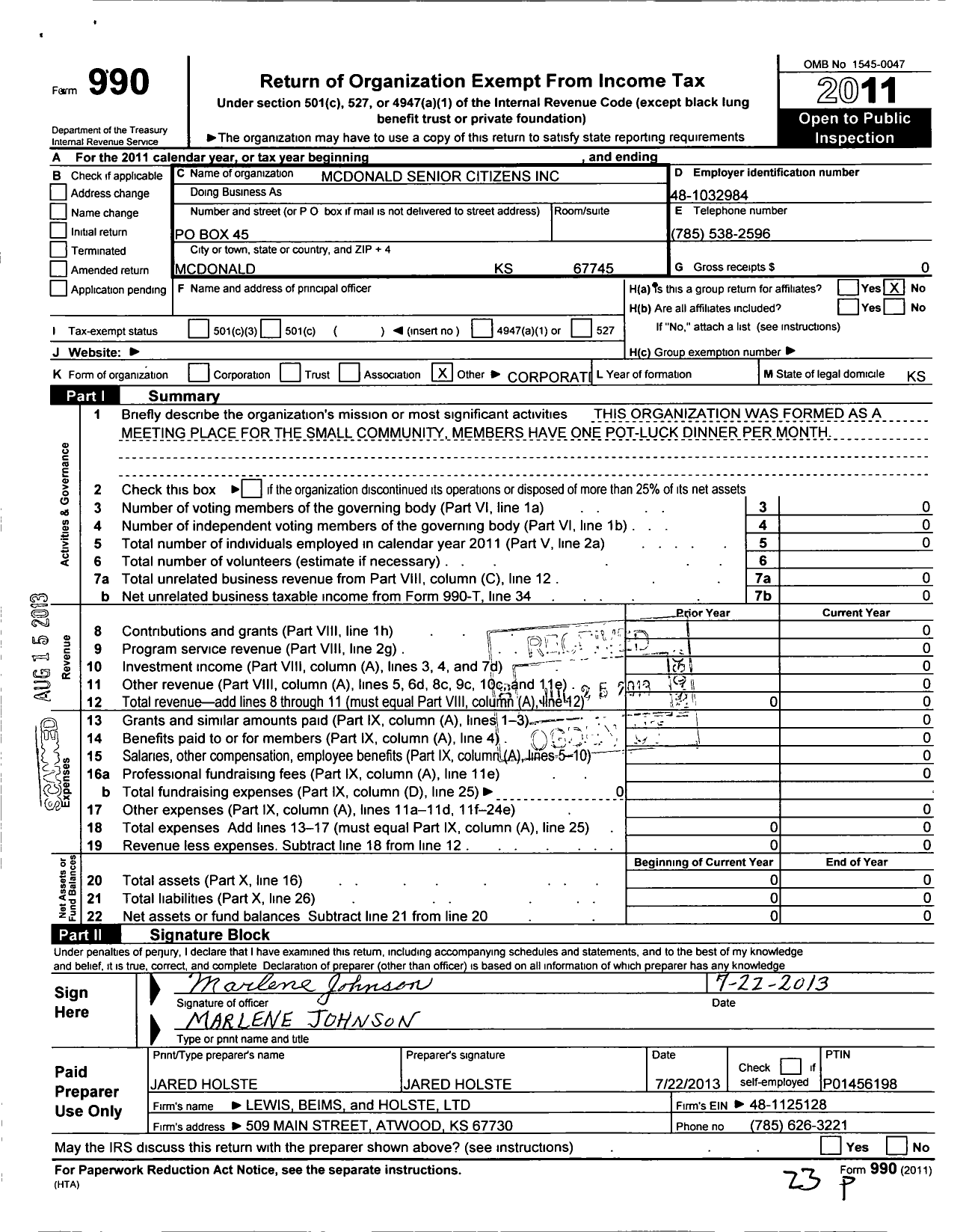 Image of first page of 2011 Form 990O for Mcdonald Senior Citizens Melissa Dinning Treasurer