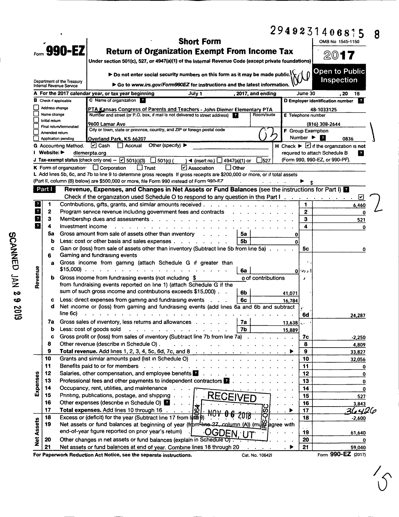 Image of first page of 2017 Form 990EZ for PTA Kansas Congress of Parents and Teachers / John Diemer Elementary PTA