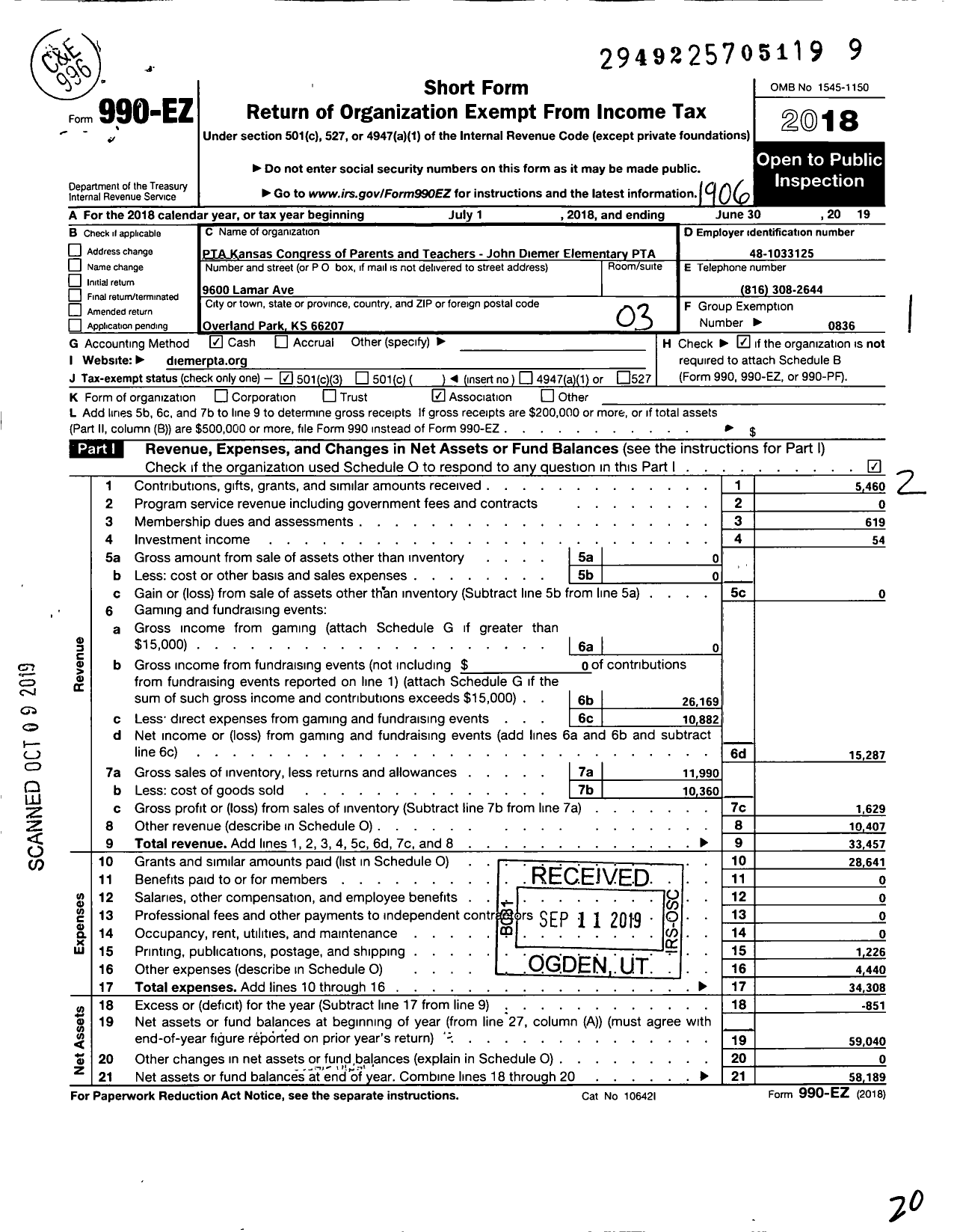 Image of first page of 2018 Form 990EZ for PTA Kansas Congress of Parents and Teachers / John Diemer Elementary PTA