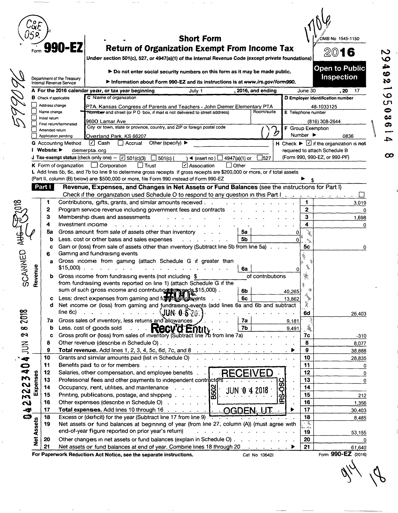 Image of first page of 2016 Form 990EZ for PTA Kansas Congress of Parents and Teachers / John Diemer Elementary PTA