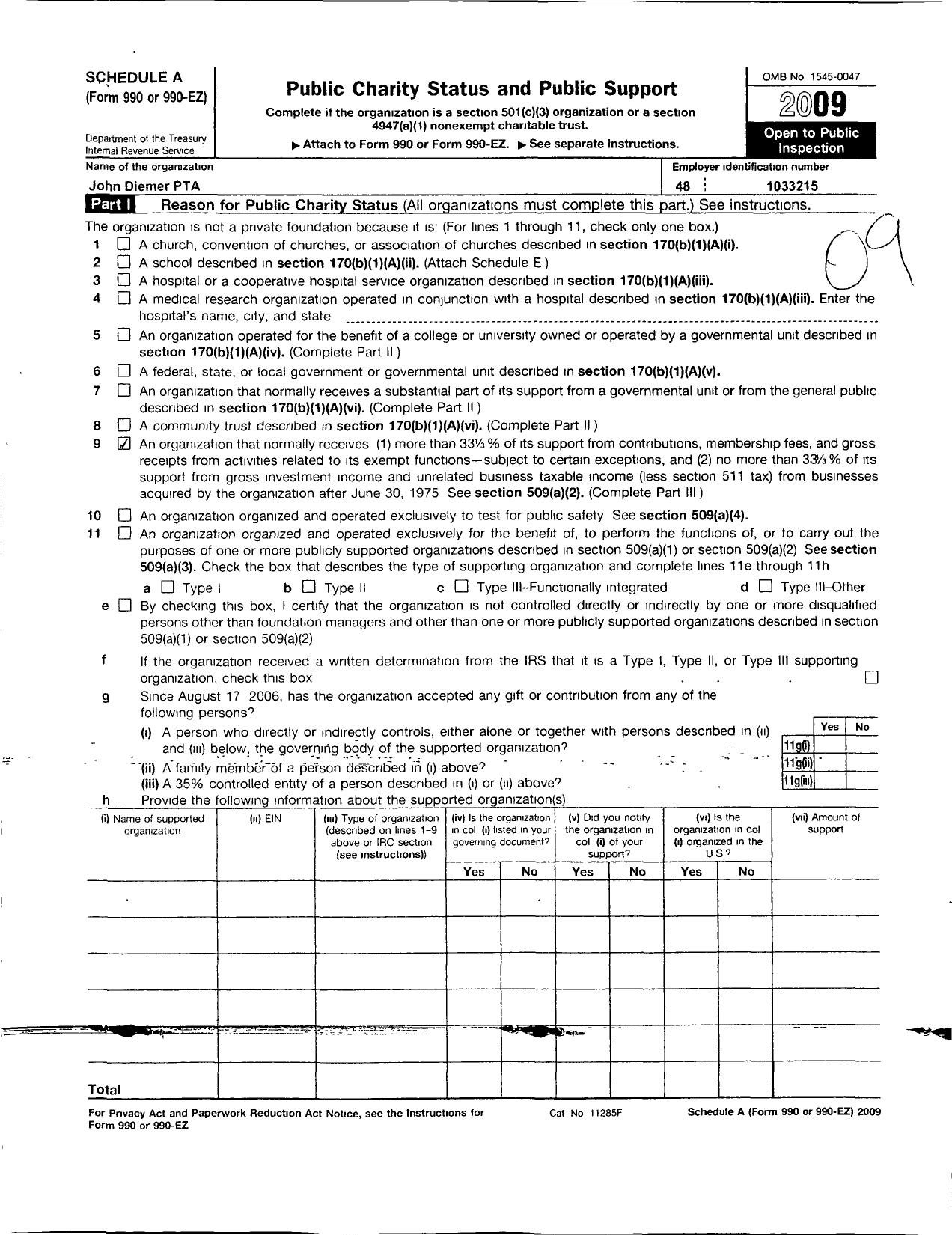 Image of first page of 2009 Form 990ER for PTA Kansas Congress of Parents and Teachers / John Diemer Elementary PTA