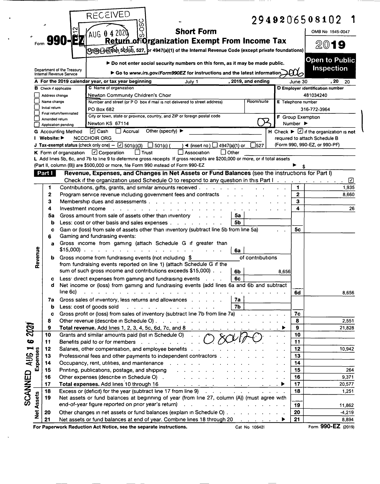 Image of first page of 2019 Form 990EZ for Newton Community Childrens Choir