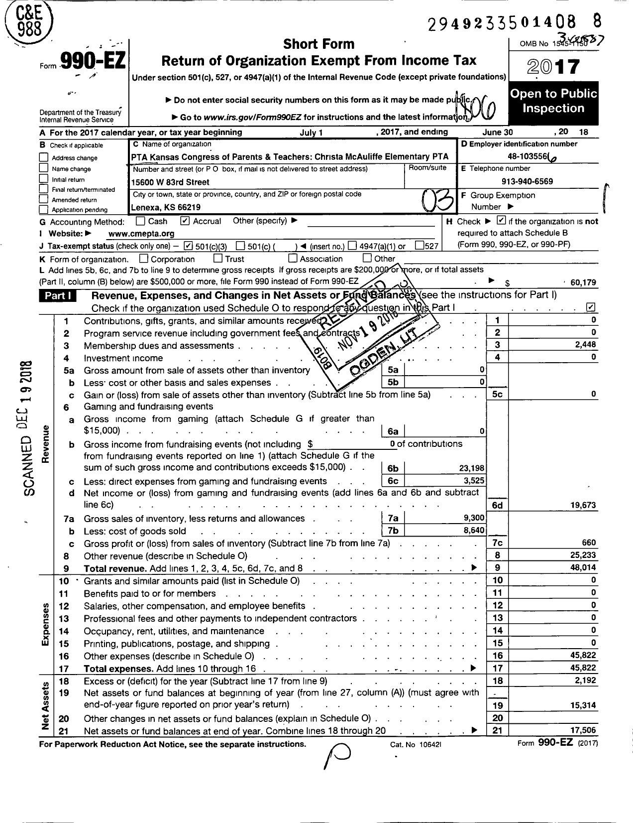 Image of first page of 2017 Form 990EZ for PTA Kansas Congress of Parents and Teachers Christa McAuliffe Elementary P