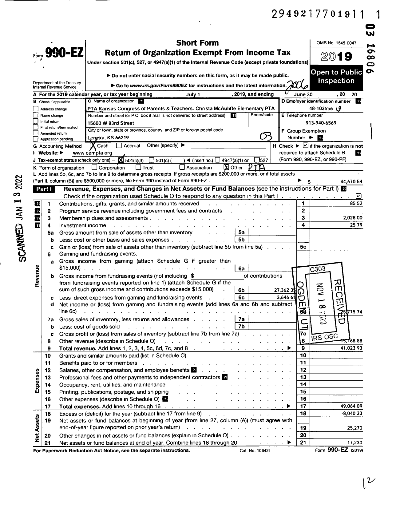 Image of first page of 2019 Form 990EZ for PTA Kansas Congress of Parents and Teachers Christa McAuliffe Elementary P