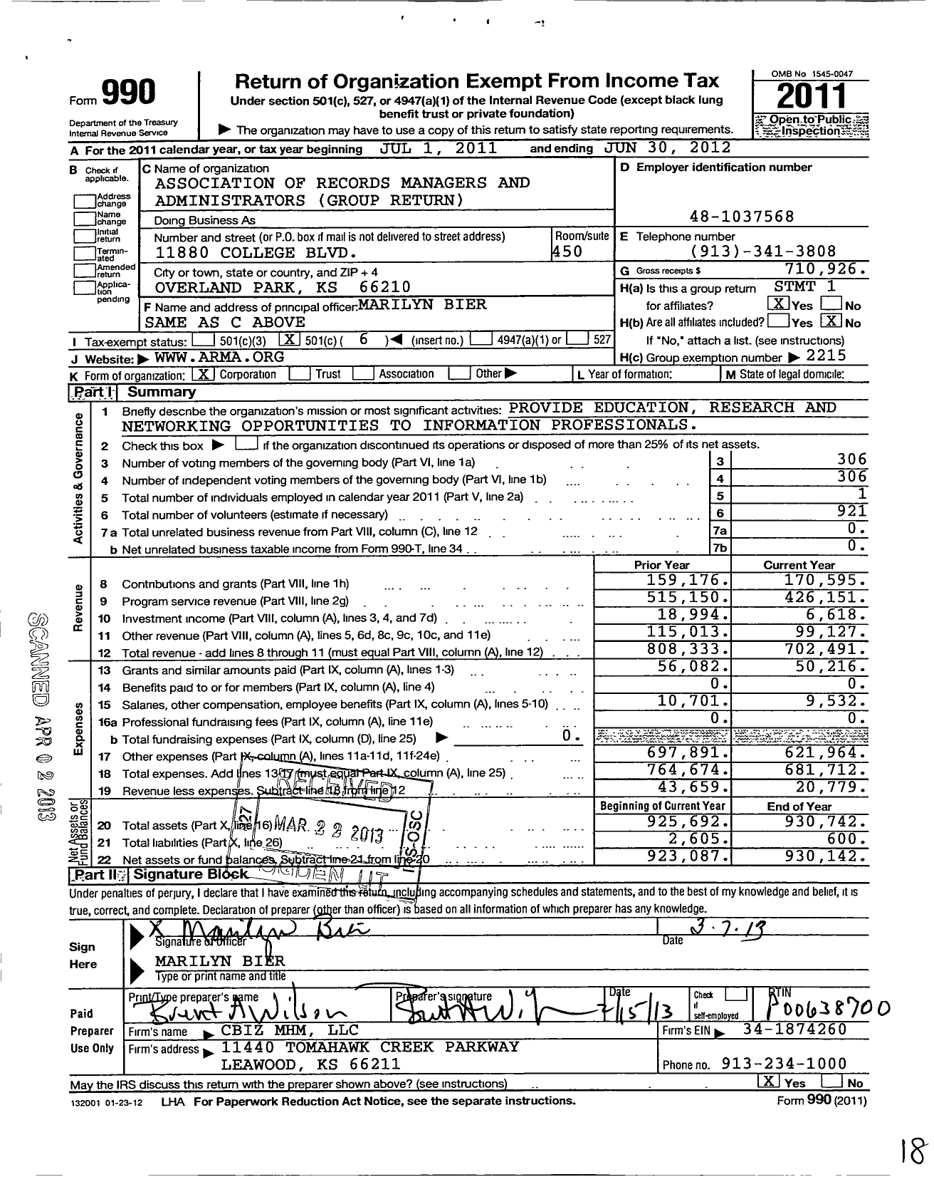 Image of first page of 2011 Form 990O for Association of Records Managers and Administrators / Group Return