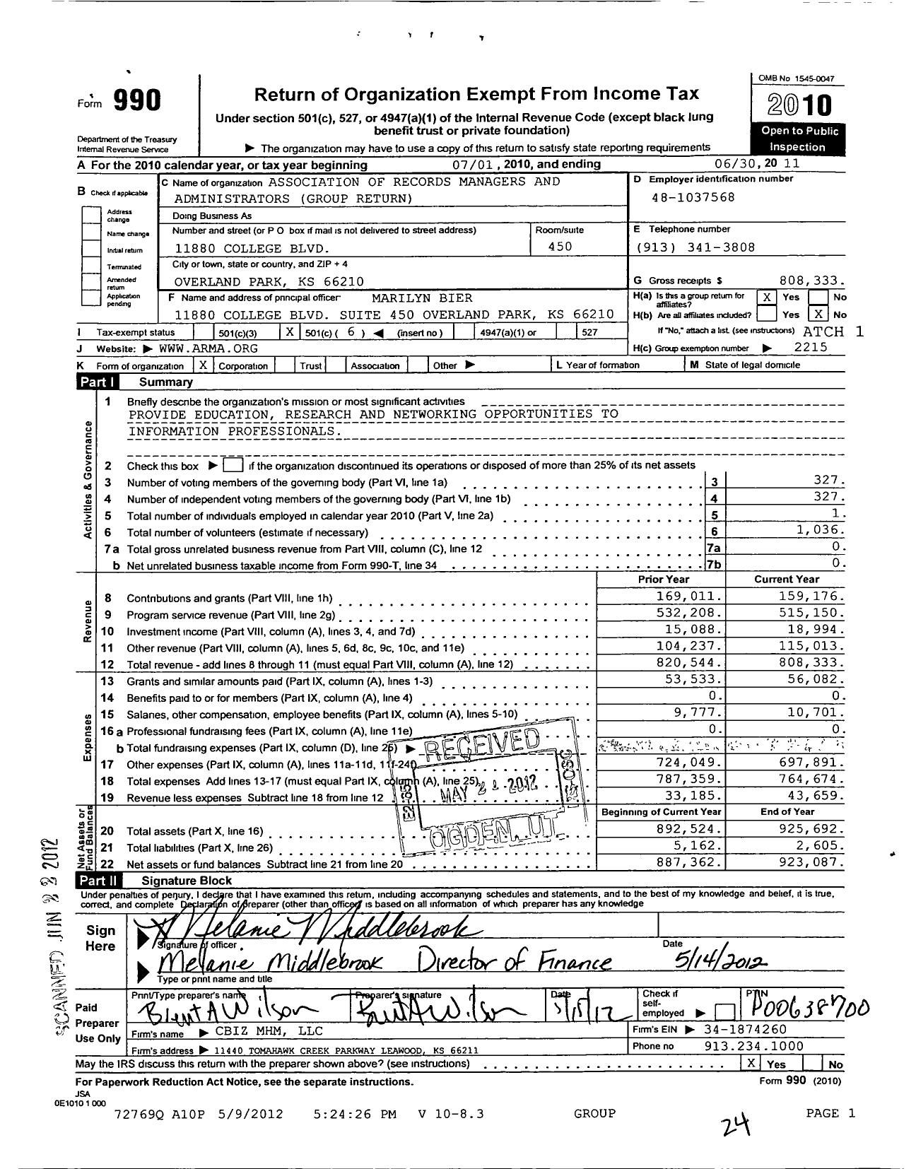 Image of first page of 2010 Form 990O for Association of Records Managers and Administrators / Group Return