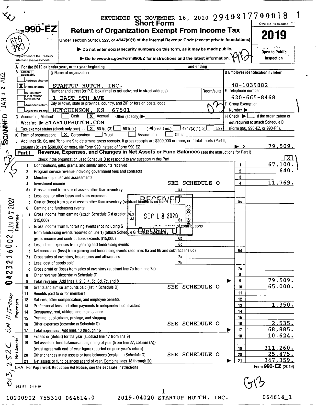 Image of first page of 2019 Form 990EZ for StartUp Hutch