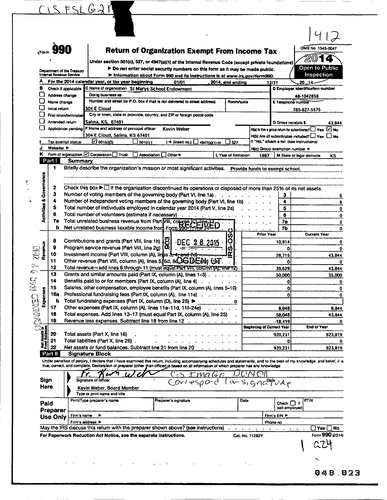 Image of first page of 2014 Form 990 for St Marys School Endowment Fund