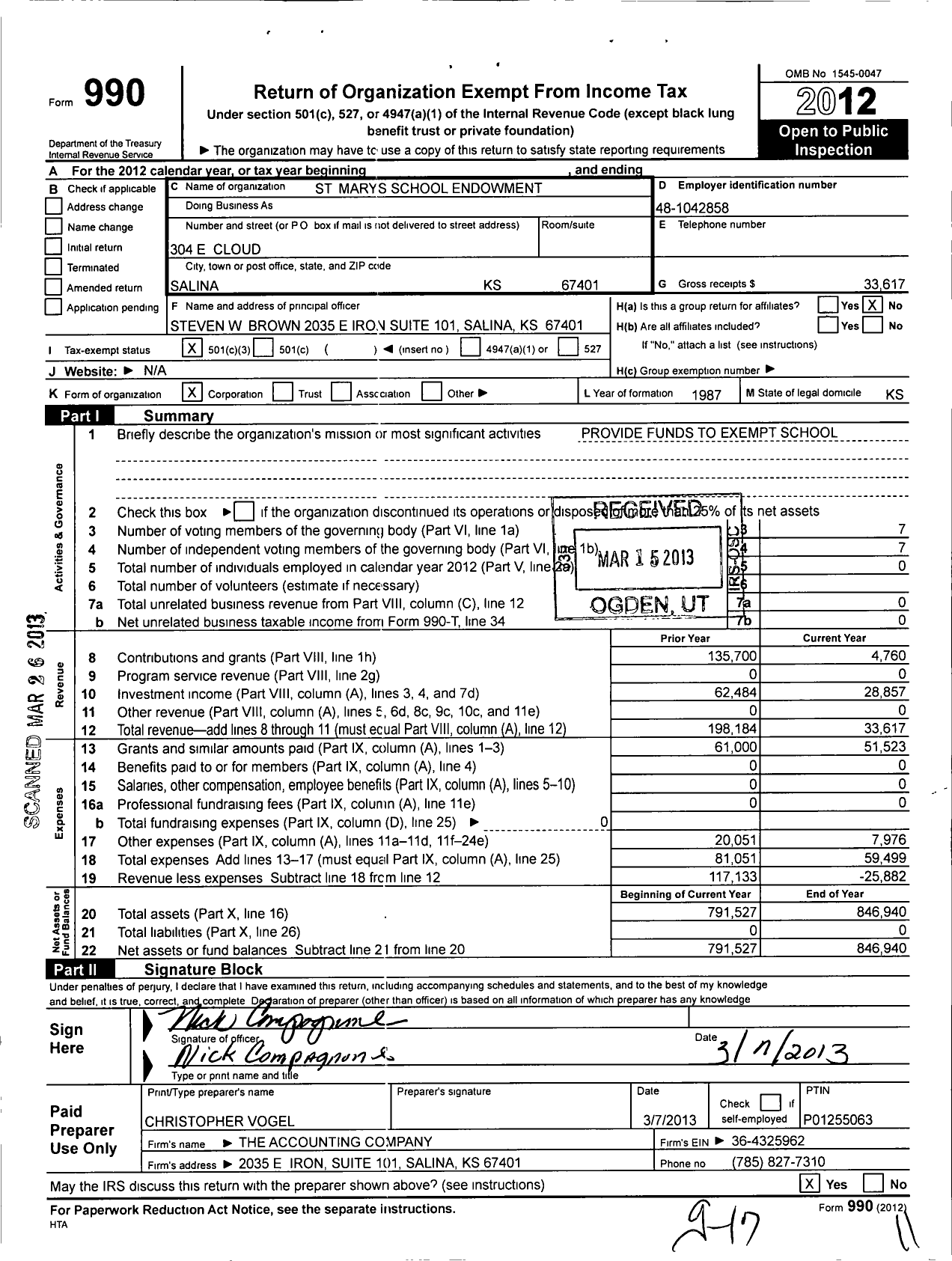 Image of first page of 2012 Form 990 for St Marys School Endowment Fund