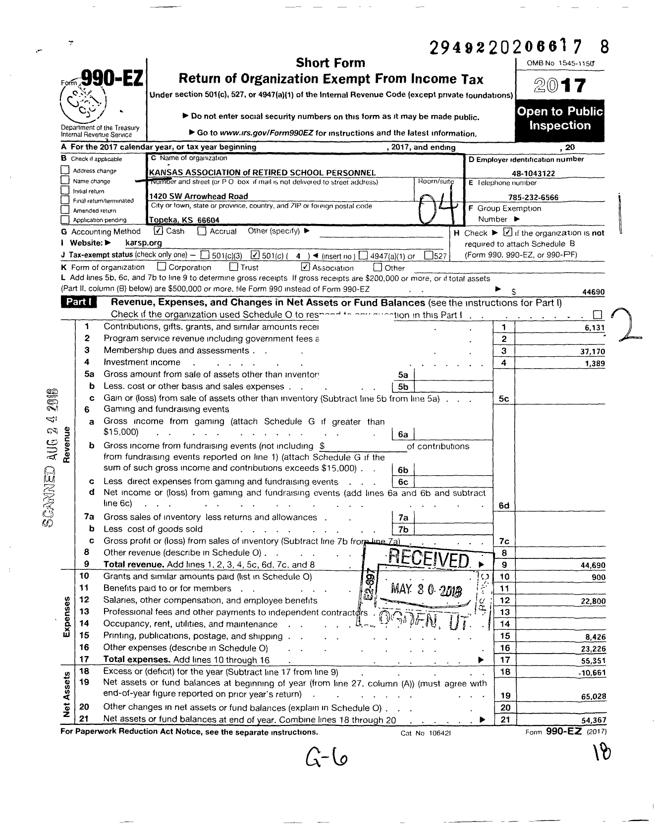 Image of first page of 2017 Form 990EO for Kansas Association of Retired School Teachers