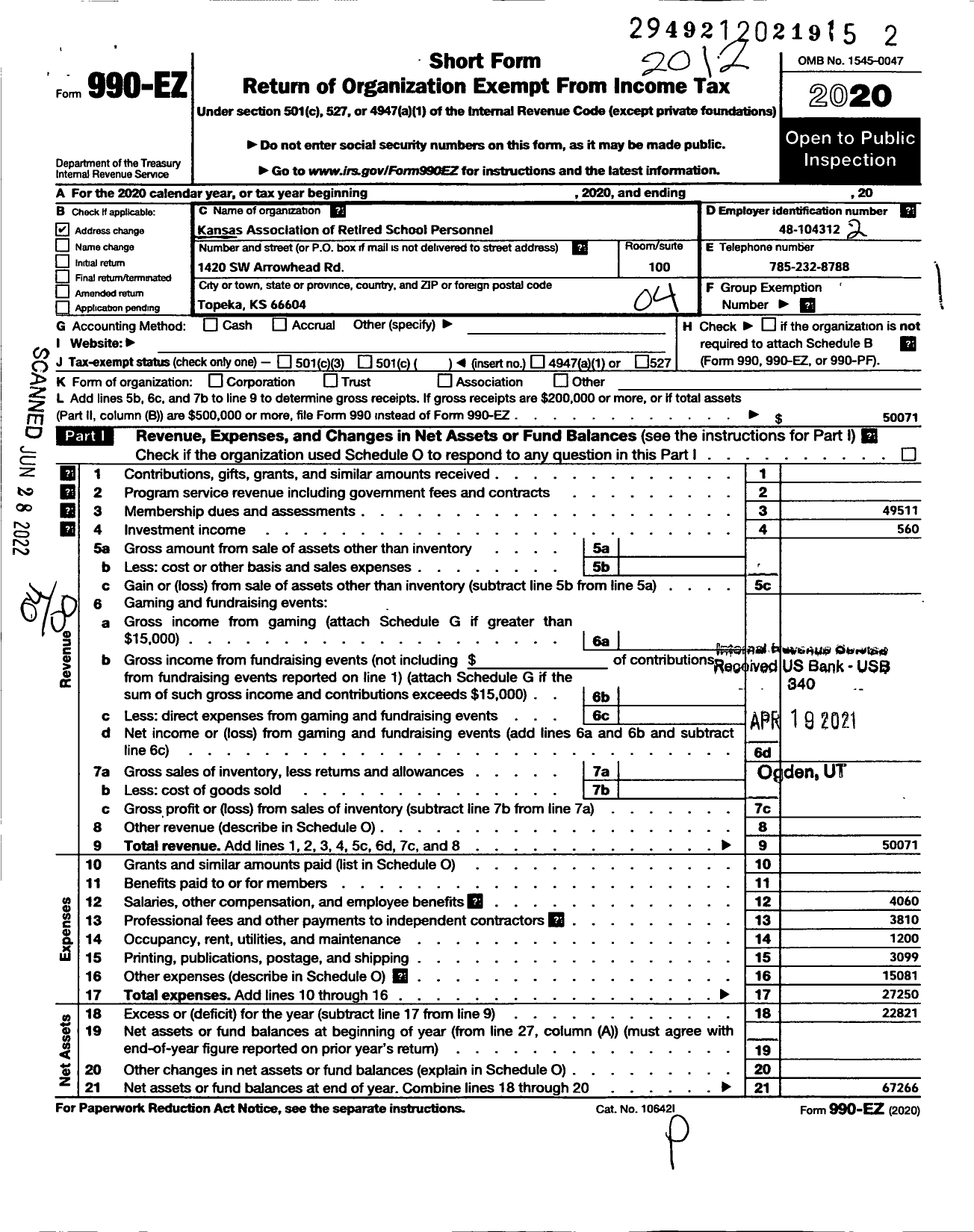 Image of first page of 2020 Form 990EO for Kansas Association of Retired School Teachers