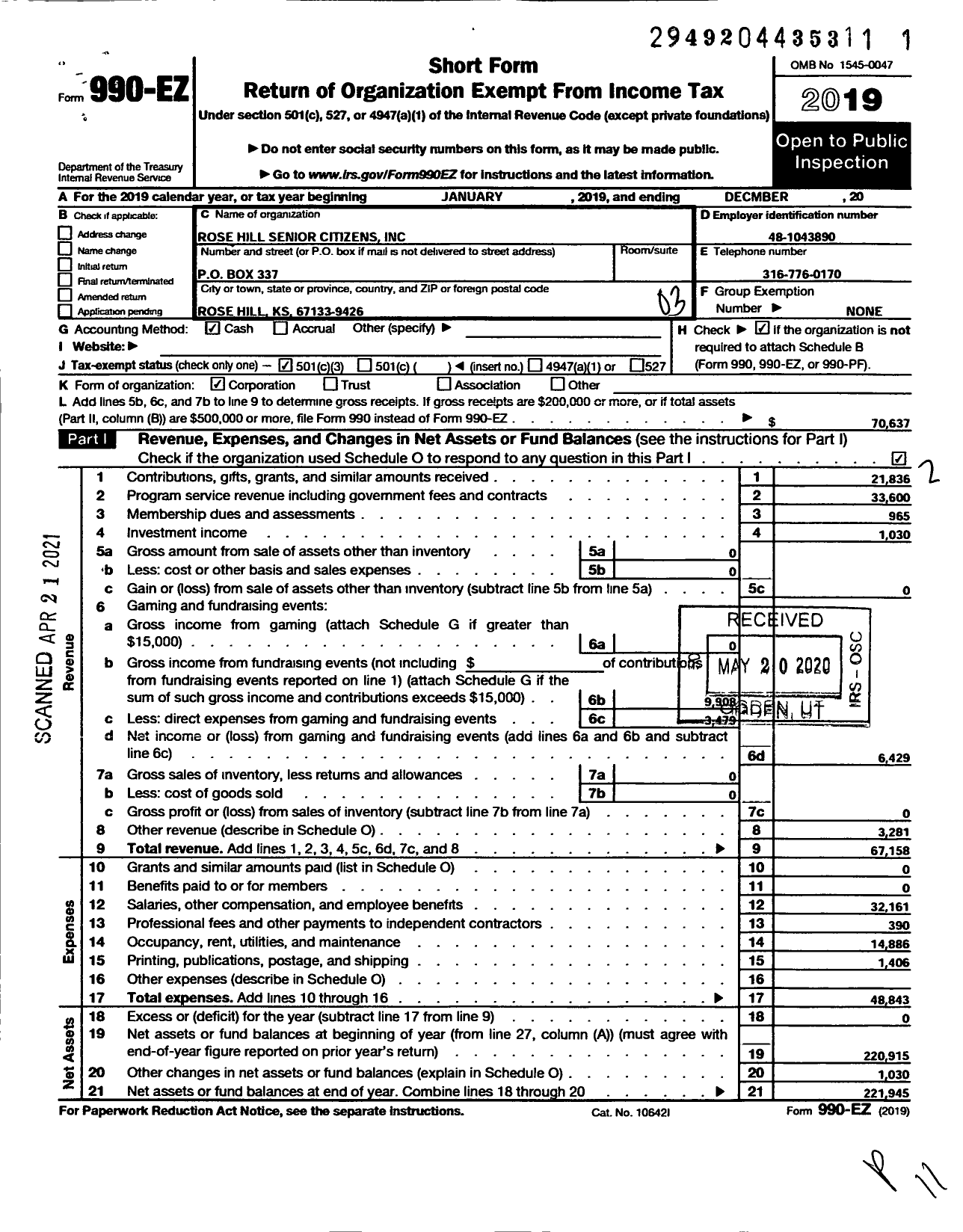 Image of first page of 2020 Form 990EZ for Rose Hill Senior Citizens Club