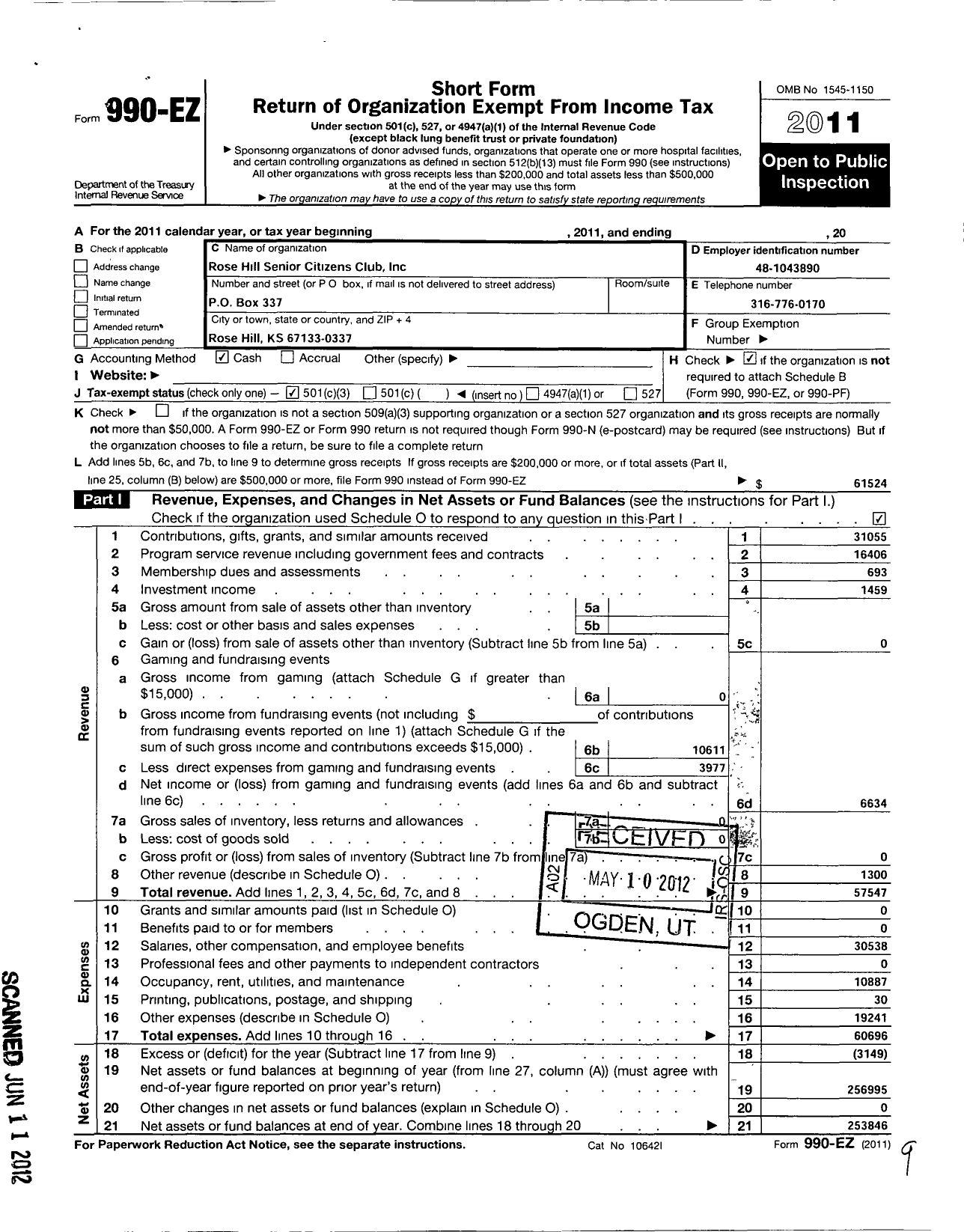 Image of first page of 2011 Form 990EZ for Rose Hill Senior Citizens Club