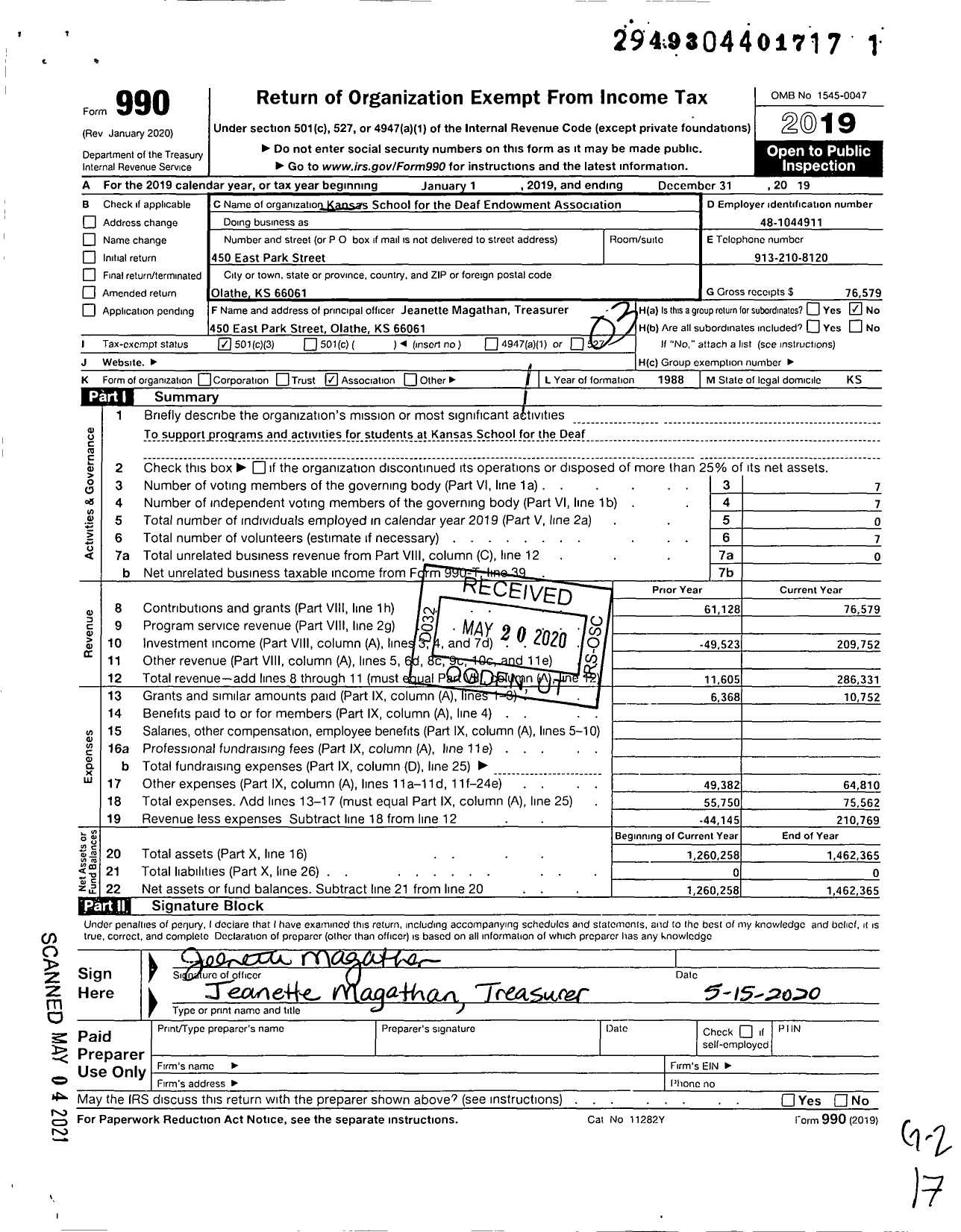 Image of first page of 2019 Form 990 for Kansas School for the Deaf Endowment Association