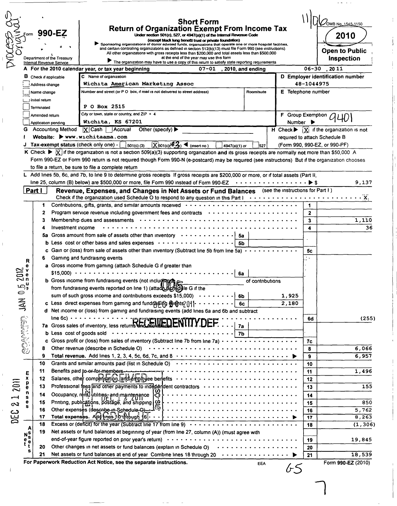 Image of first page of 2010 Form 990EZ for American Marketing Association / Wichita Chapter