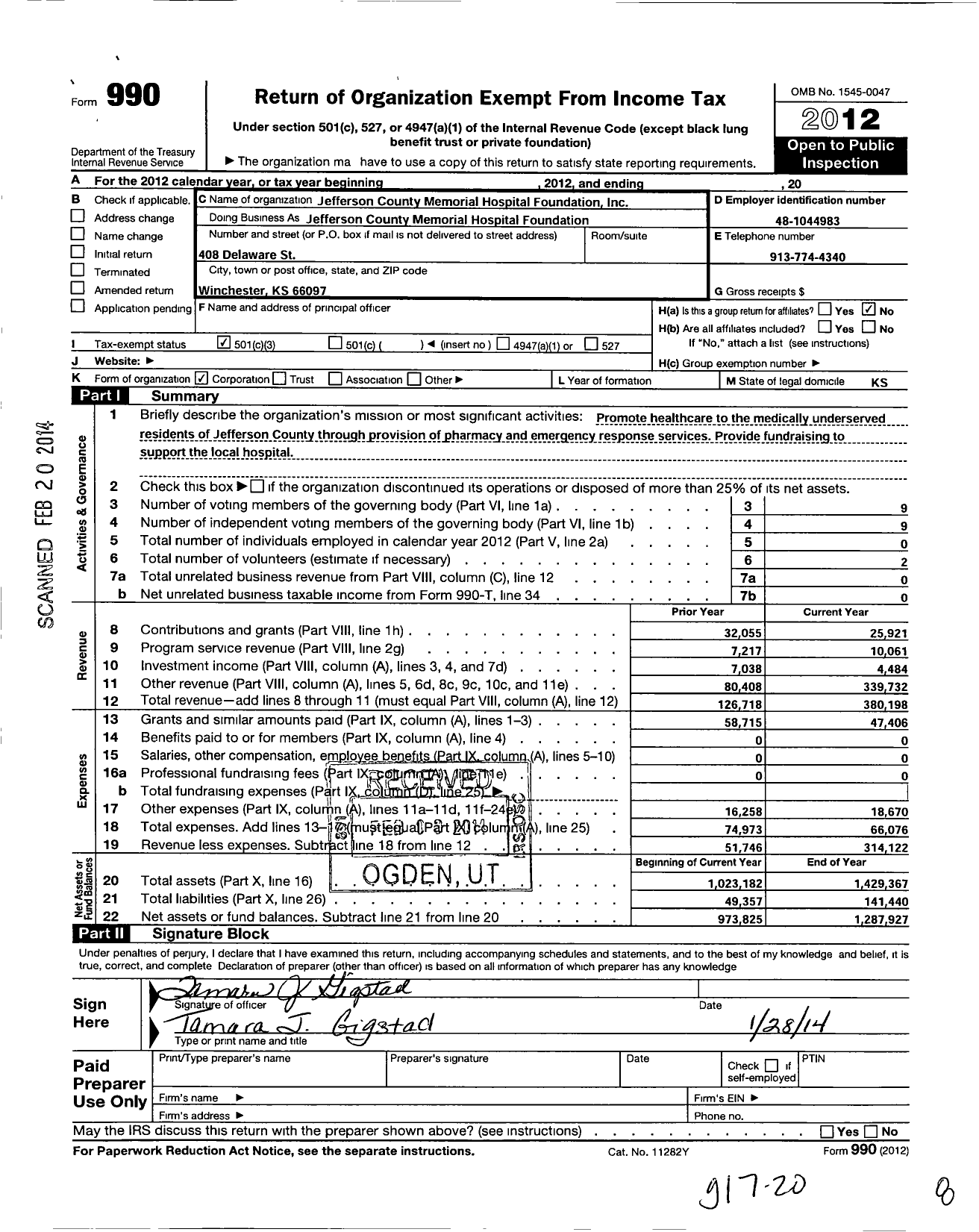 Image of first page of 2012 Form 990 for Jefferson County Memorial Hospital Foundation