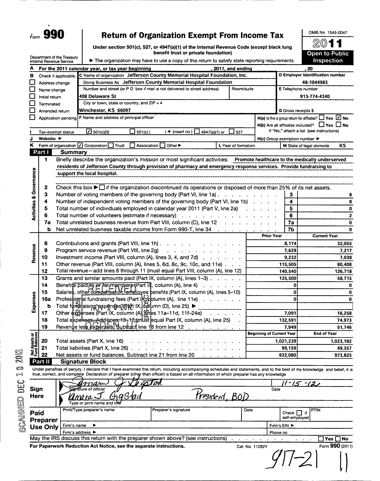 Image of first page of 2011 Form 990 for Jefferson County Memorial Hospital Foundation