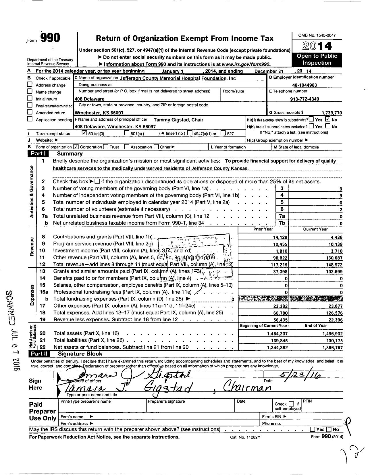 Image of first page of 2014 Form 990 for Jefferson County Memorial Hospital Foundation