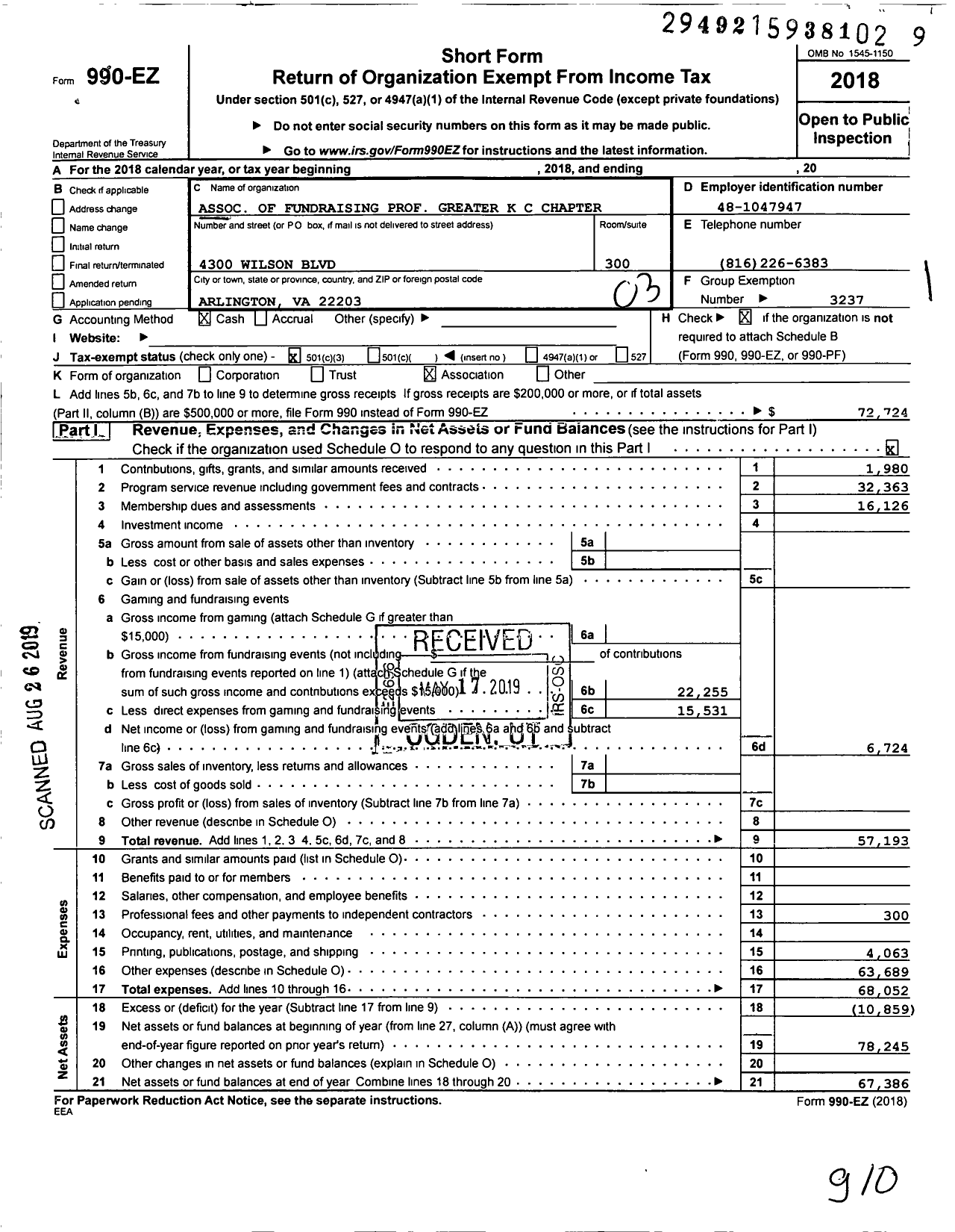 Image of first page of 2018 Form 990EZ for Association of Fundraising Professionals - Mo Mid America Chapter