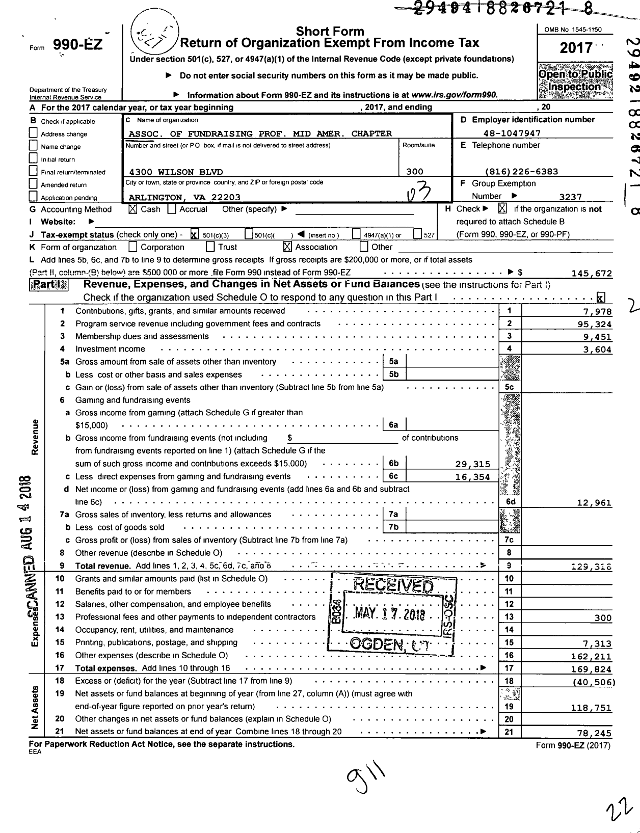 Image of first page of 2017 Form 990EZ for Association of Fundraising Professionals - Mo Mid America Chapter