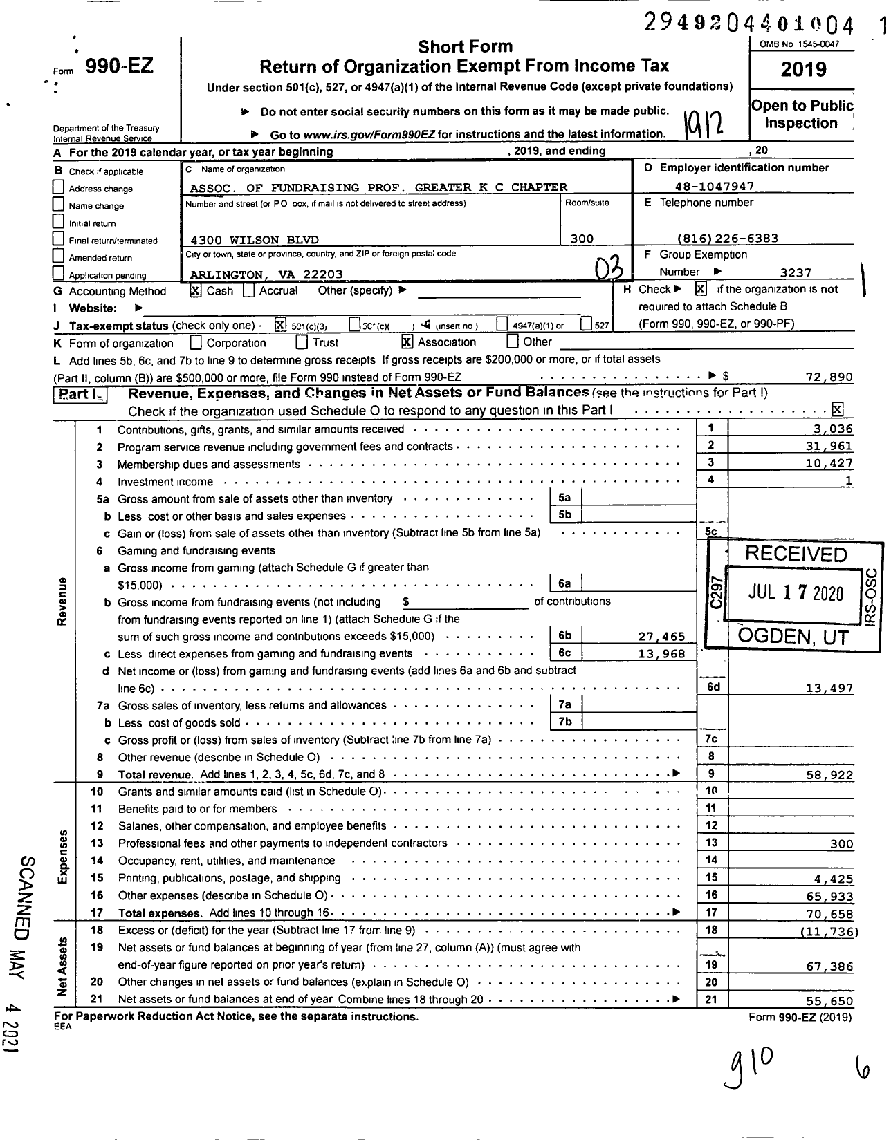 Image of first page of 2019 Form 990EZ for Association of Fundraising Professionals - Mo Mid America Chapter