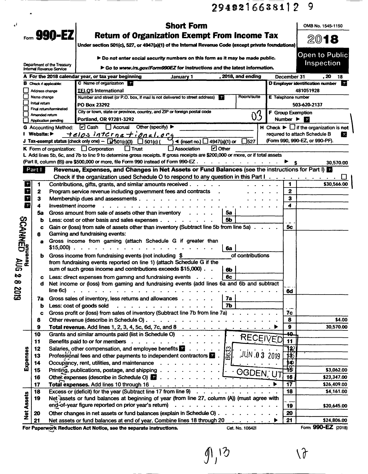 Image of first page of 2018 Form 990EZ for Telos International