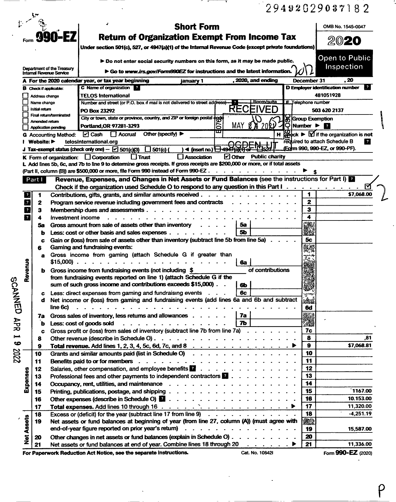 Image of first page of 2020 Form 990EZ for Telos International