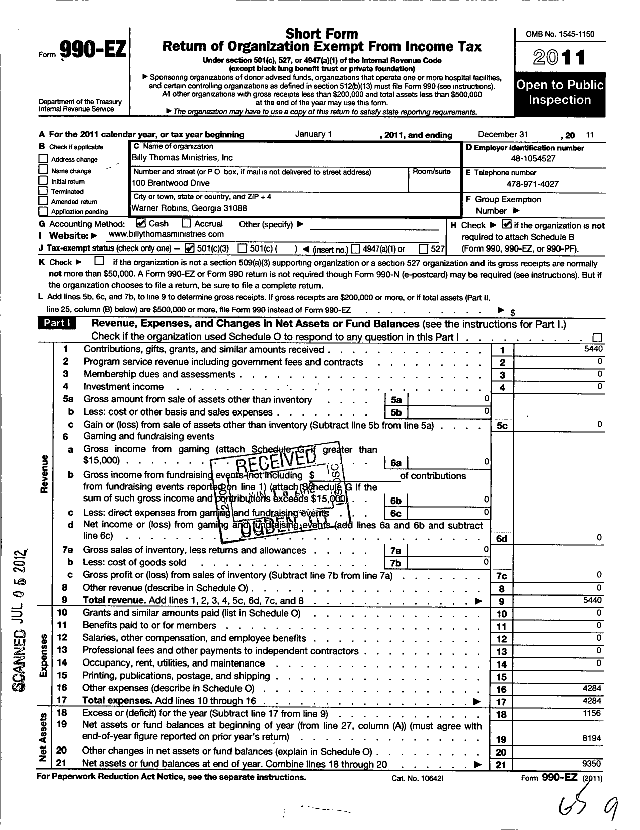 Image of first page of 2011 Form 990EZ for Billy Thomas Ministries